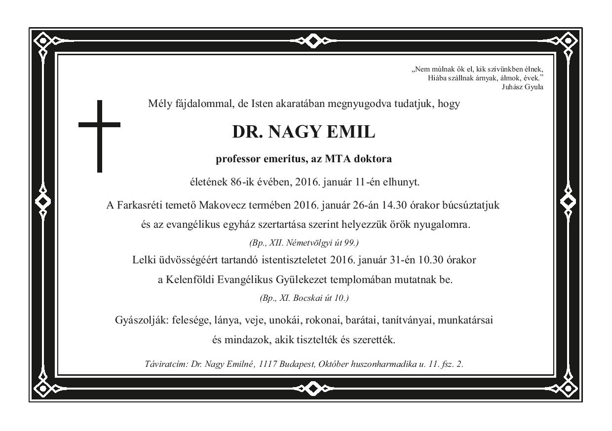 Elhunyt Dr. Nagy Emil